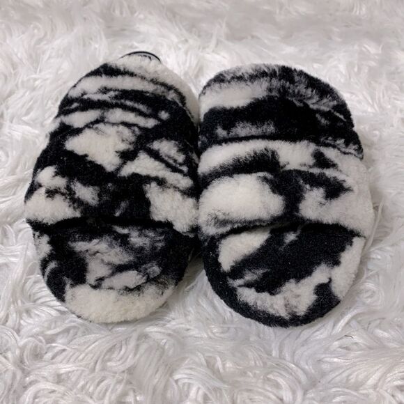 UGG shearling sandals black/white elastic straps women sz 6-see meas - Picture 2 of 12